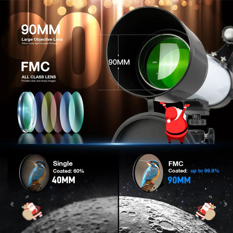 Close-up of Awesome Starter Friendly 90mm Refractor Telescope With 700mm Focal Length lens and coatings details.