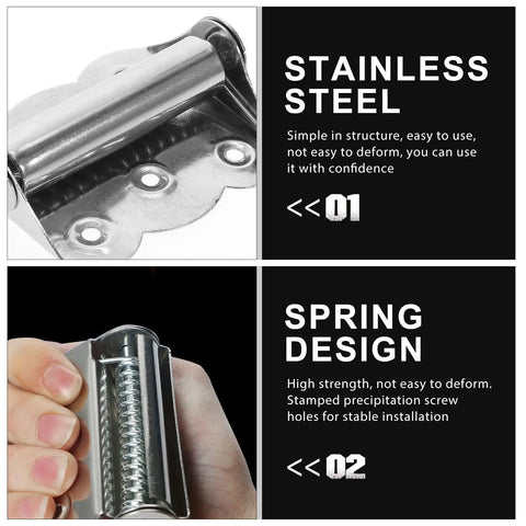 Close-up of Heavy Duty Self Closing Door Hinges Set Three Pack Spring Loaded Soft Close Stainless Steel 2 Point 7 Inch Hinges