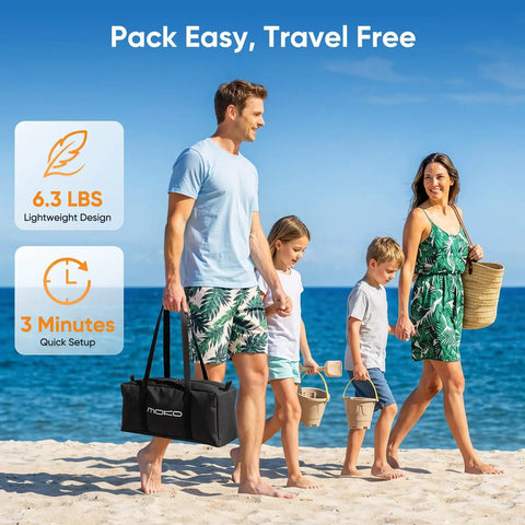 Family walking on beach carrying Beach Shade Canopy 100 Sq Ft Wind Powered Sunshade Sail For 4 To 6 People, UPF 50 Plus
