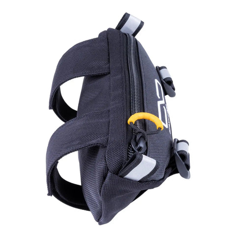 Side view of Zigzag Handlebar Bag 1.5 Liter Black Windshield Pouch for Motorcycles Dirt Bikes and Snow Bikes with yellow zip pull.