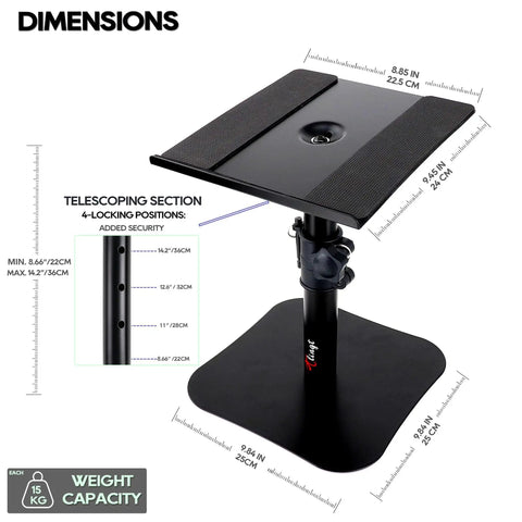 Heavy Duty Desktop Speaker Stands Pair With Flat Base Adjustable Height And Tilt Universal Platforms for Computer Or Home Theater