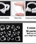 36 Pcs Aquarium Hose Clamps Set In 6 Sizes To Fit 6.1 To 27.2 mm Nylon Plastic Snap Ratcheting Clamps For Standard Aquarium Heater Tubing Fish Tank Plants displayed in a grid with close-up views of clamp features.