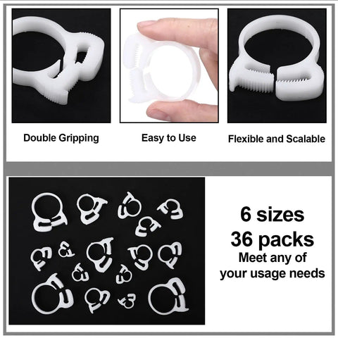 36 Pcs Aquarium Hose Clamps Set In 6 Sizes To Fit 6.1 To 27.2 mm Nylon Plastic Snap Ratcheting Clamps For Standard Aquarium Heater Tubing Fish Tank Plants displayed in a grid with close-up views of clamp features.