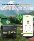 12V 100Ah LiFePO4 Battery Group 24 with Bluetooth real-time monitoring shown next to smartphone app, camping tent in background