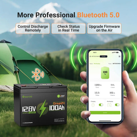 12V 100Ah LiFePO4 Battery Group 24 with Bluetooth real-time monitoring shown next to smartphone app, camping tent in background