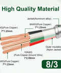 Hella Durable 10 Ft 8/3 MC Cable With Aluminum Armor And Green Insulated Ground, 8 AWG Pure Copper Stranded Conductors detailed view.