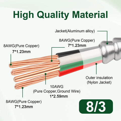 Hella Durable 10 Ft 8/3 MC Cable With Aluminum Armor And Green Insulated Ground, 8 AWG Pure Copper Stranded Conductors detailed view.