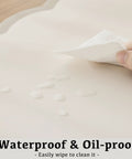 Close-up of Stylish Scallop Edge Desk Mat Crafted From Smooth Faux Leather Blend with drops of liquid for easy cleanup.