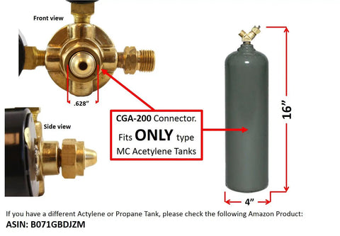 Acetylene Regulator For Welding Gas Gauges CGA-200 Rear Connector LDP Series Works With Tanks And Hoses; shown with dimensions and connector details.