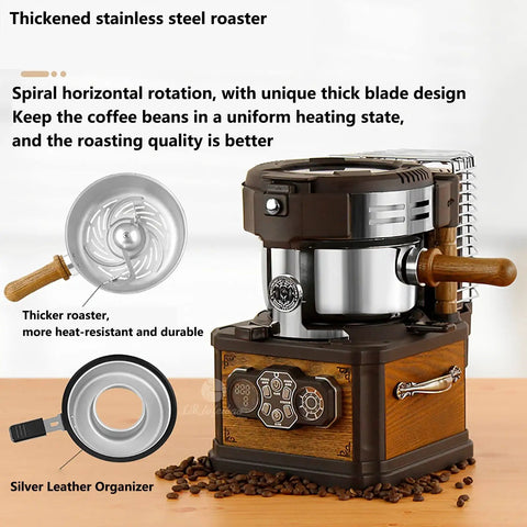 Next Level Automatic Home Coffee Bean Roaster Retro Electric Roasting Machine With Pinpoint Temp Control and Eight Smart Brewing Programs features thick stainless steel and wooden details.