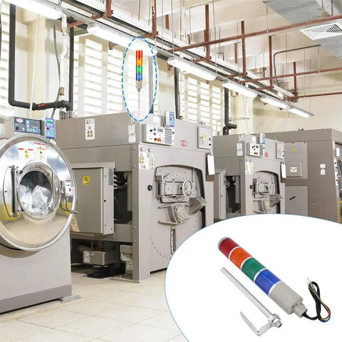 Industrial machines with attached Four Stack Andon Tower Lights Kit For Industrial Machines, Ultra Bright Four Color Signal Lights