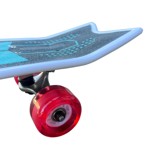 Close-up of the rear trucks on the Kids Surfskate Board with front caster trucks for easy turns and big pumping power.