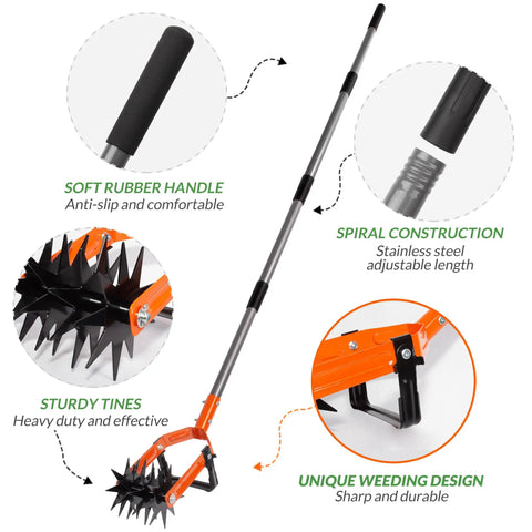 Rotary Cultivator Garden Tool With Adjustable Long Handle Tiller Featuring Star Shaped Rolling Tines For Lawn Care Weeder And Soil Aerator