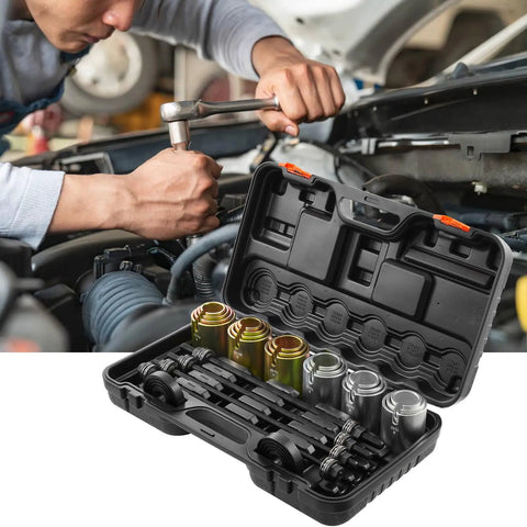 Mechanic using Pull And Press Sleeve Kit For Auto Repair Pro Grade 26 Pcs Steel Bush Removal And Installation Tools with carrying case