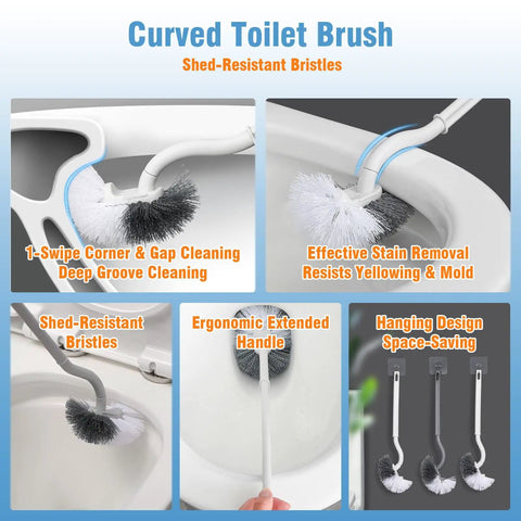 Curved Toilet Brush with ergonomic handle and shed-resistant bristles for effective cleaning in tight spaces.