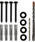 Amazon lag bolt TV mount kit with 4 black lag bolts, 4 Fischer anchors, 4 washers and 2 drill bits