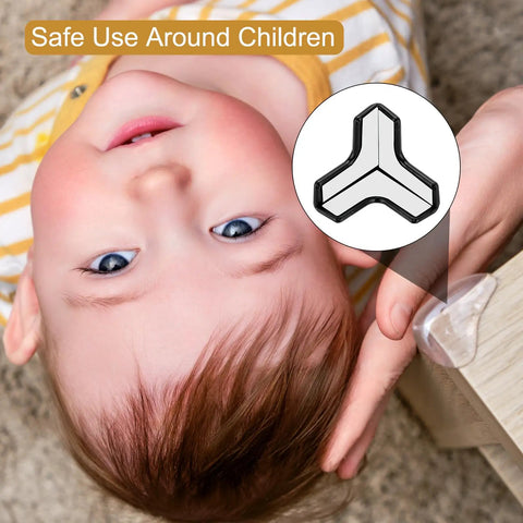 Solid T Shaped Corner Guards, 12 Pack Soft PVC Furniture Bumpers For Kids Safety shown with child nearby for safe use.
