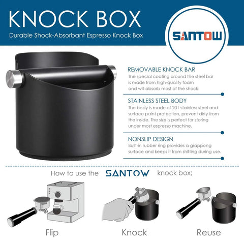 Espresso Knock Box For Home Barista Use Black Stainless Steel Coffee Ground Catcher With Removable Knock Bar