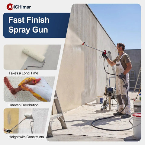 Man using Professional 22 Piece Airless Spray Gun Kit With 3600 PSI High Pressure Paint Sprayer on wall outdoors.