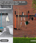 All Metal Garage Tool Organizer Wall Mount Rack 3 Pack with tools hanging indoors and outdoors, contrasting installation settings.