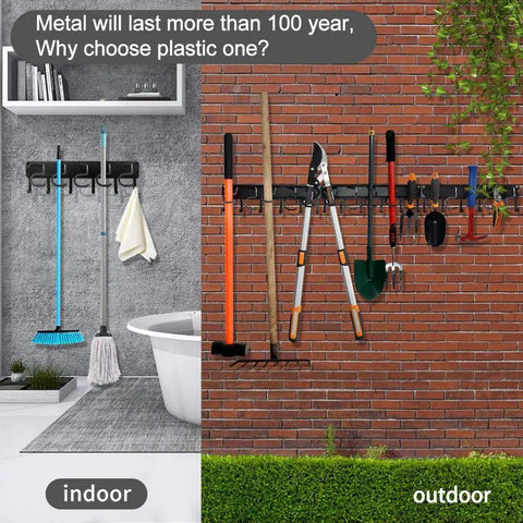 All Metal Garage Tool Organizer Wall Mount Rack 3 Pack with tools hanging indoors and outdoors, contrasting installation settings.