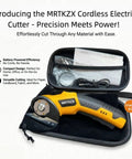 Cordless Electric Scissors With Led Light And Safety Lock Cuts Cardboard Fabric Carpet Plastic And Leather Without One Bit Of Drama, shown in storage box.