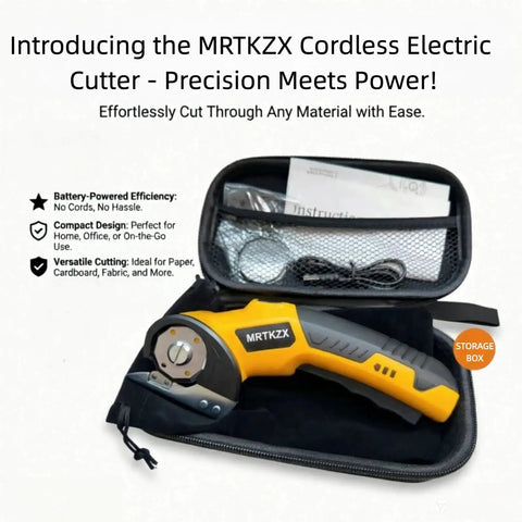 Cordless Electric Scissors With Led Light And Safety Lock Cuts Cardboard Fabric Carpet Plastic And Leather Without One Bit Of Drama, shown in storage box.
