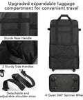 X-Large black expandable rolling luggage bag with four spinner wheels, rear and side handles, detachable shoulder strap.
