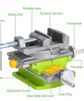 3 Inch Cross Slide Drill Press Vise 2 Way XY Compound Benchtop Vise With 90 Degree Rotary Table shown with labeled parts