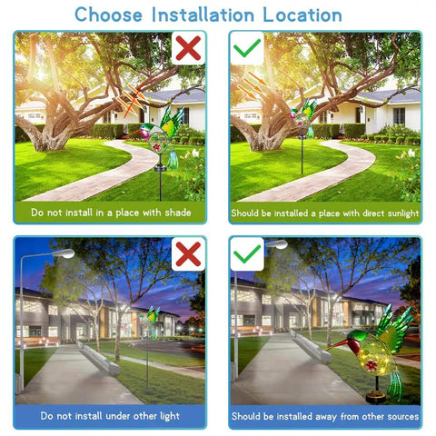 Installation guide for Outdoor Solar Hummingbird Garden Lights For Pathway And Patio showing ideal sunlight conditions.