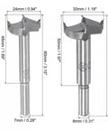 Pro Level Forstner Drill Bit Set 24mm 30mm With 7mm And 8mm Shank, showcasing sizes and dimensions for wood drilling tasks.