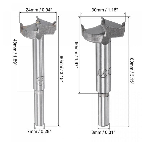 Pro Level Forstner Drill Bit Set 24mm 30mm With 7mm And 8mm Shank, showcasing sizes and dimensions for wood drilling tasks.