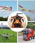 12 Channel RC Transmitter And Receiver With 2.4GHz Remote For FPV Drones Quads Helicopters Cars And Boats Mode 2 Left Hand Throttle Voltage Telemetry DSSS FHSS 7dBi Antenna For Beefed Up Signal Up To 4km controlling various RC vehicles