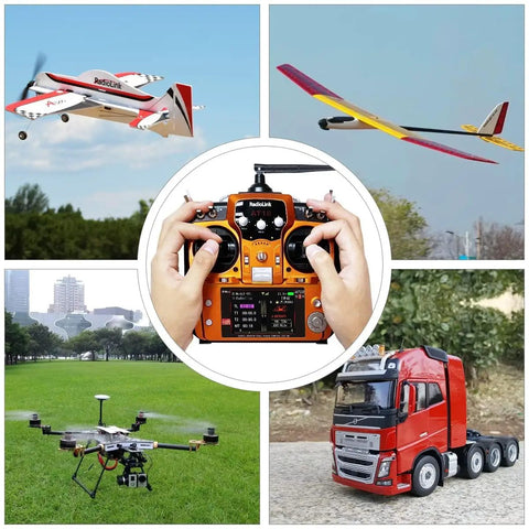 12 Channel RC Transmitter And Receiver With 2.4GHz Remote For FPV Drones Quads Helicopters Cars And Boats Mode 2 Left Hand Throttle Voltage Telemetry DSSS FHSS 7dBi Antenna For Beefed Up Signal Up To 4km controlling various RC vehicles