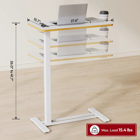 Overbed Table With Pneumatic Lift, Adjustable Height 26 To 41.7 Inches, Hidden Casters, Mobile Laptop Desk With Tray, For Hospital And Home Use, White Finish, 27.6 W X 15.7 D shown with laptop and cup on top