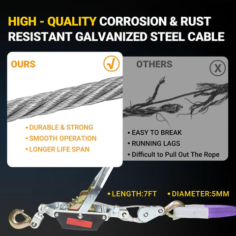Beefy 2 Ton Come Along Winch For Vehicle Recovery And Outdoor Tough Jobs, Rugged Hand Winch With 4,400 Lbs Pulling Power, Built For Trucks, Trailers, Farm Work, Fence Stretching, Log And Tree Removal, galvanized steel cable, 7 ft