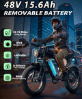 Man riding Offroad 1500W Peak Motor Fat Tire Electric Bike with 30 MPH top speed through city, 48V 15.6Ah removable battery.