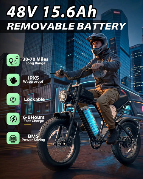 Man riding Offroad 1500W Peak Motor Fat Tire Electric Bike with 30 MPH top speed through city, 48V 15.6Ah removable battery.