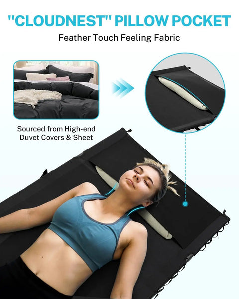 Extra Wide 31.5 Inch Camping Cot Ultralight Folding Bed for Adults with CloudNest Pillow Pocket, black color with woman resting