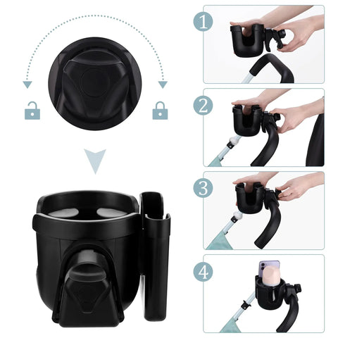 Universal Stroller Cup Holder With Phone Holder, Adjustable Drink Holder shown in four-step tool-free installation process.
