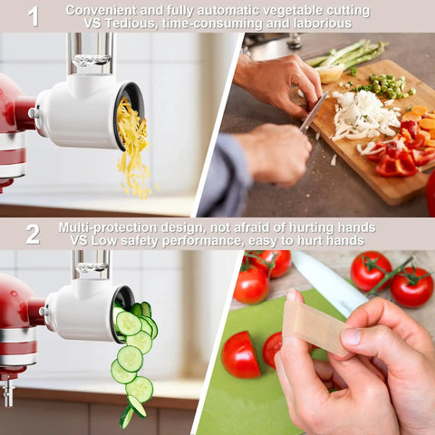KitchenAid Stand Mixer Cheese Grater Slicer Attachment With 3 Blades For Effortless Grating And Slicing In One Pass in use