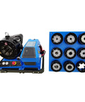 Portable 12V Hydraulic Hose Crimper High Pressure 137 Ton Machine with 8 Dies for 0.4 to 2.4 Inch Hoses, showing machine and die sets.