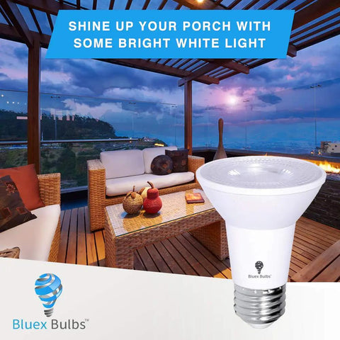 Eight Watt Equivalent PAR20 Outdoor LED Flood Light Bulbs Pack, patio setup, 800 Lumens, dimmable E26 base, warm white glow