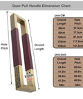 Heavy Duty Door Pull Handle Set For Public And Commercial Doors Back To Back Mounted, Wood And Stainless Steel Grip, Easy Assembly With Hardware Included, Red And Gold Color, 39 Inch Length dimension chart