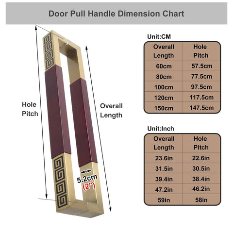 Heavy Duty Door Pull Handle Set For Public And Commercial Doors Back To Back Mounted, Wood And Stainless Steel Grip, Easy Assembly With Hardware Included, Red And Gold Color, 39 Inch Length dimension chart