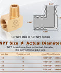 Diagram of Two Pack One Quarter Inch NPT Brass Fittings 90 Degree Street Elbow Male To Female Pipe Adapter dimensions and specifications