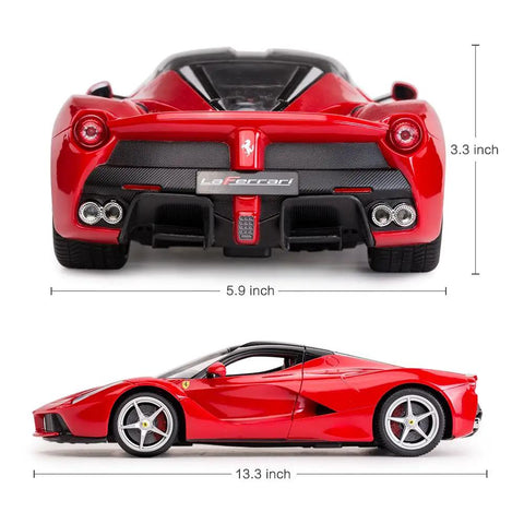Ferrari LaFerrari Licensed One Fourteenth Scale RC Car With Realistic Interior And Exterior Details Dope Butterfly Doors Working Headlights And Taillights Spring Suspension Remote Control Toy For Boys And Kids Red shown in side and rear view
