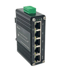 Front view of Beefy Industrial Five Port Gigabit Ethernet Switch Unmanaged with 5 RJ45 ports for harsh environments