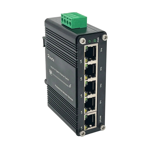 Front view of Beefy Industrial Five Port Gigabit Ethernet Switch Unmanaged with 5 RJ45 ports for harsh environments