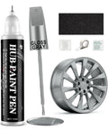 Pro Shop Gloss Gray Rim Repair Kit For Scuffed Street Whips And Curb Rash With Durable Waterproof Paint Quick Fix Touch Up Pen For Alloy Rims And Daily Drivers components shown, including gloss gray paint pen and sandpaper.